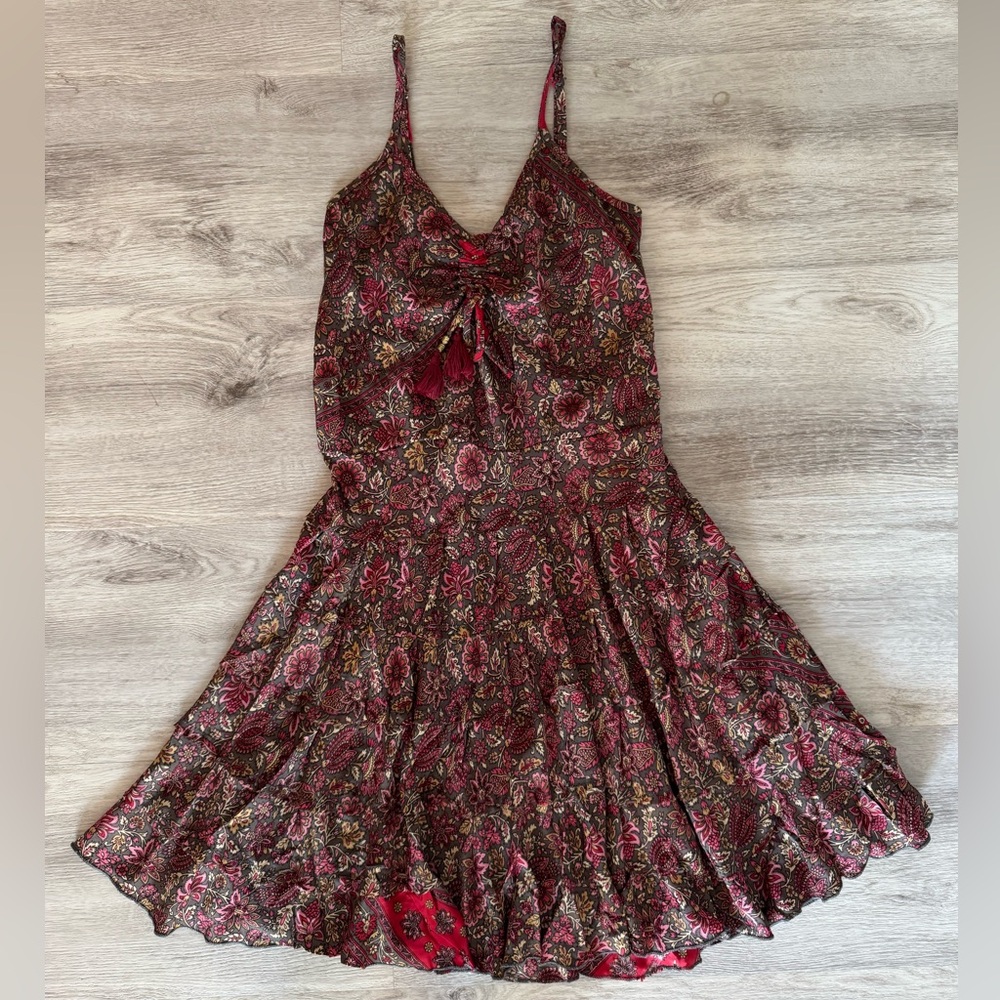 Karma Highway Pink & Red Paisley Floral Boho Flowy Tiered Ruffle Mini Dress SM